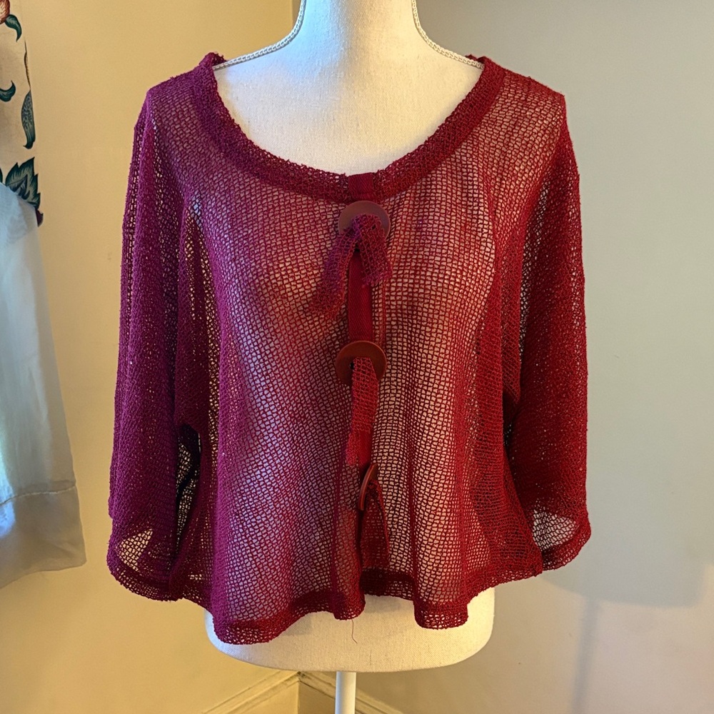 Maroon Sheer Knit Top with Wooden Accents